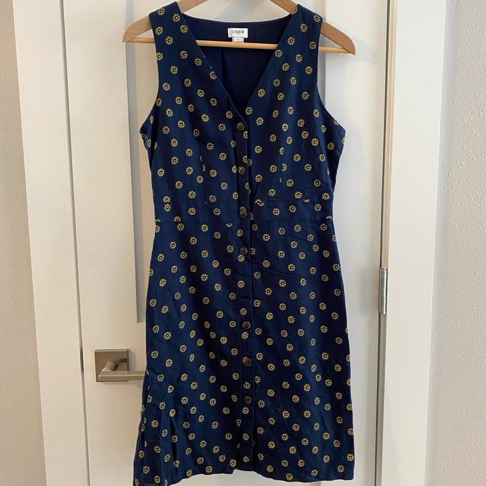 J. Crew Navy Sleeveless Button-Front Dress with Yellow Dot Print